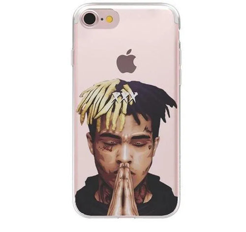 Transparent matte iPhone case featuring an Xxxtentacion graphic design, showing half-wrapped sides.