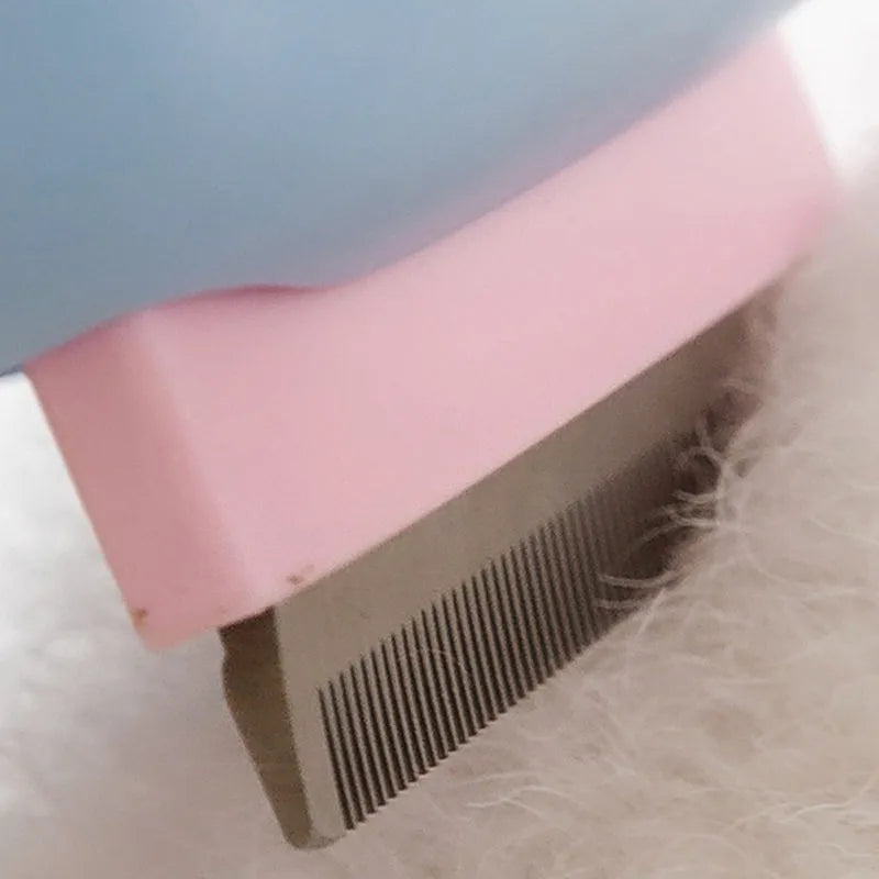 Blue and green double-sided pet grooming brush with deshedding rake and dematting comb on a white background