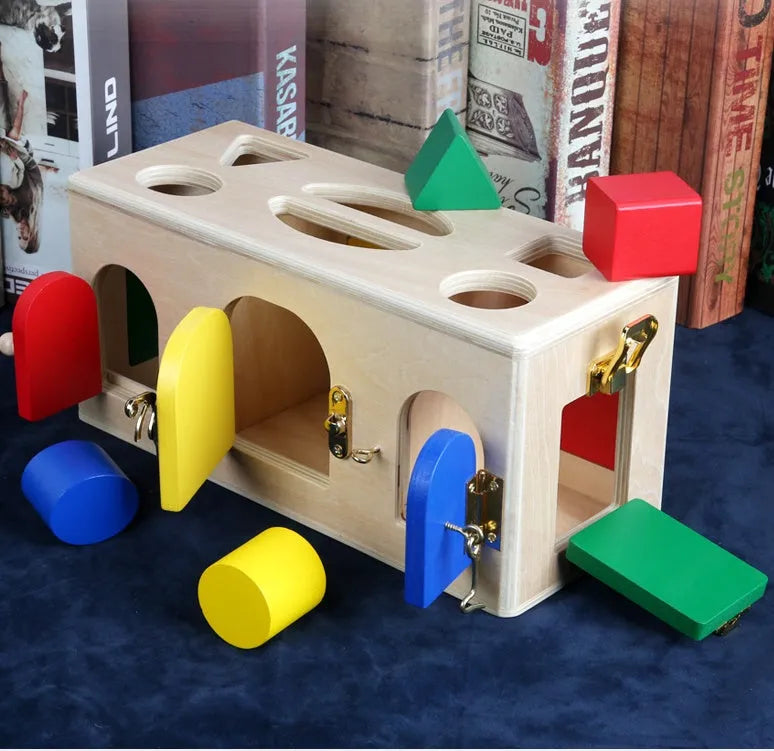 Wooden shape sorting lock box educational toy for preschool children with colourful shapes