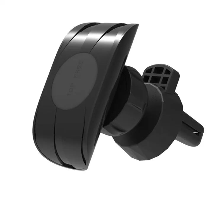 A matte black universal car phone holder mounted on a car air vent, showing the adjustable arm and phone grip.