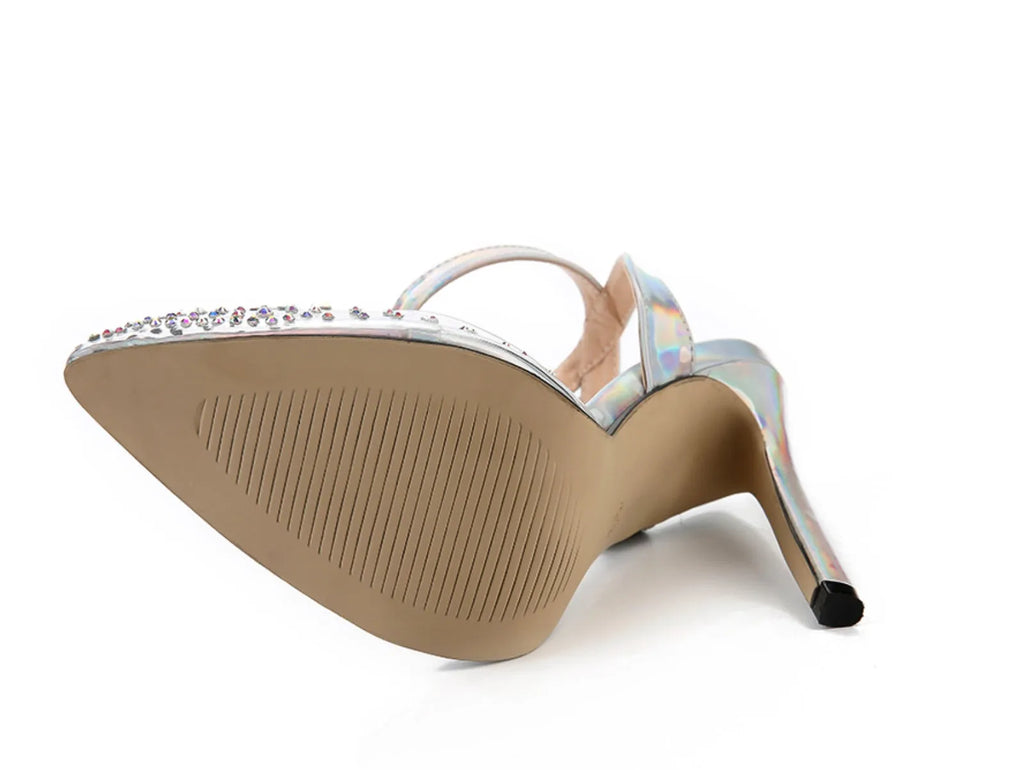 Women's pointed diamond sandals with stiletto heels and strappy PVC construction