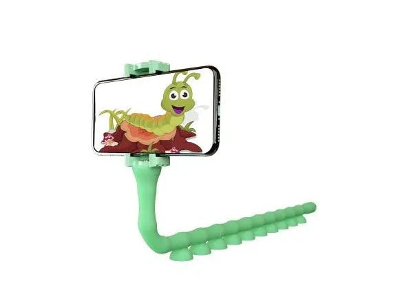 Flexible worm design mobile phone holder with suction cup mounted on desktop showing 360-degree rotation