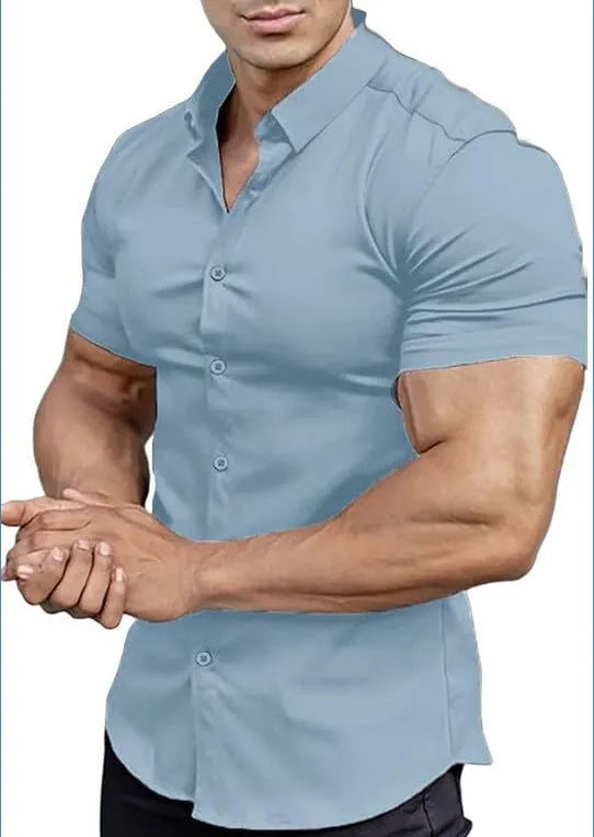 Men's short sleeve printed casual shirt in cardigan style with collar, available in multiple colours