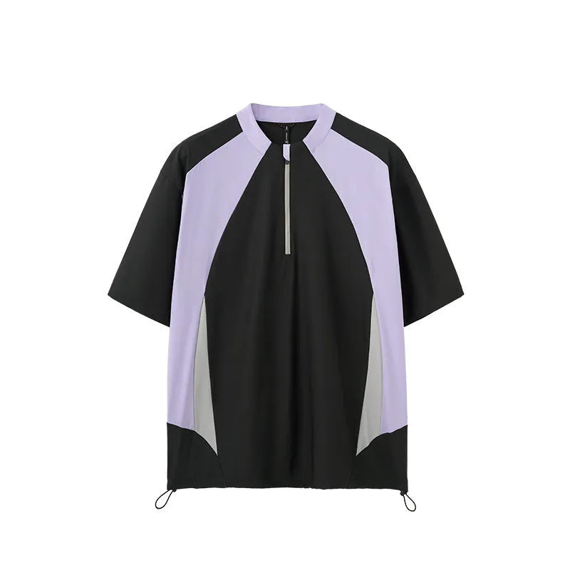 Men's solid colour polyester top showing stitching details and available in long or short sleeve black and beige options