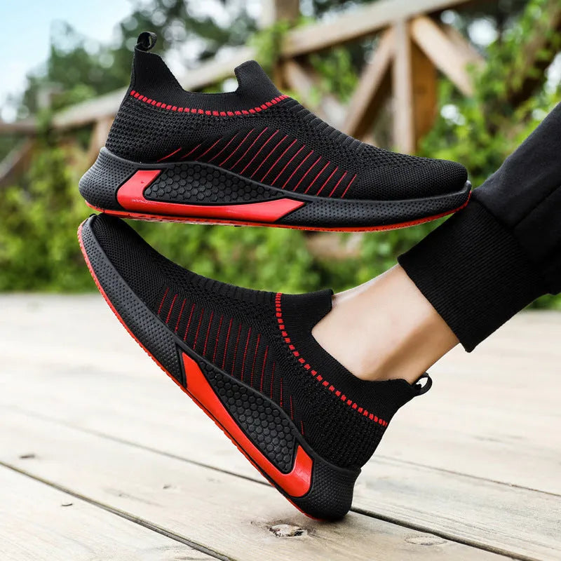 Men's striped mesh sock shoes with flyknit upper and lace-up front