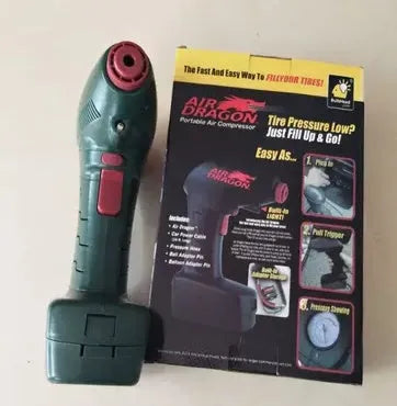Portable electric car tyre pump with motor and air pump components for emergency vehicle use