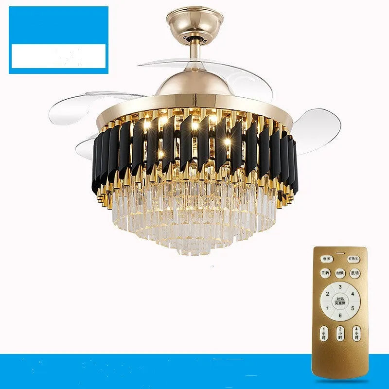Remote control crystal chandelier ceiling fan light with wooden blades and LED light.