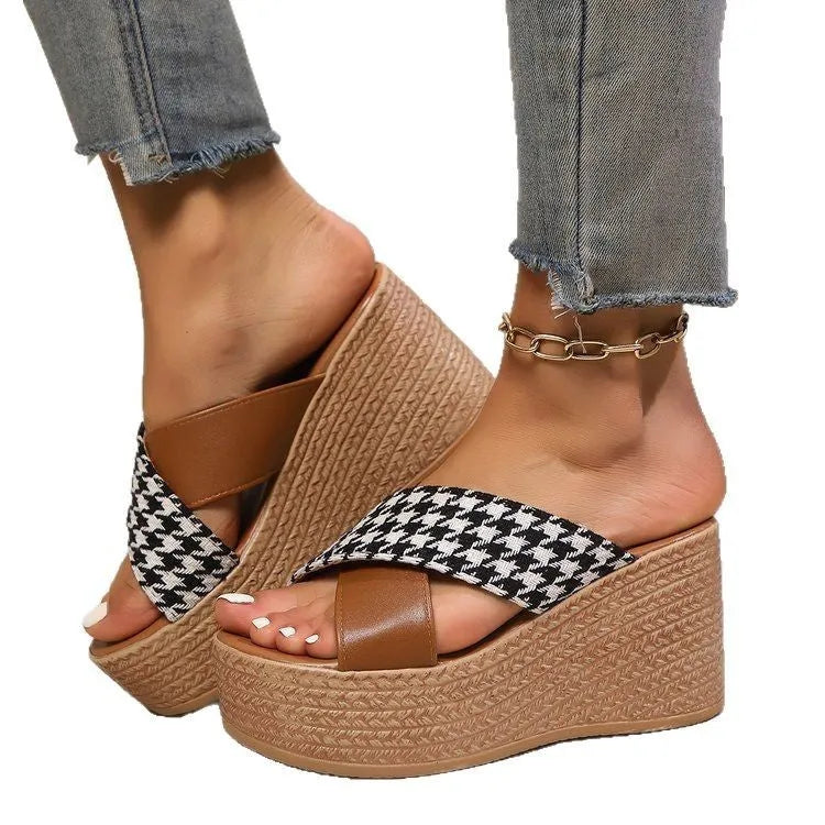 Cross leopard plaid wedge sandals with rubber soles in black or brown colour options