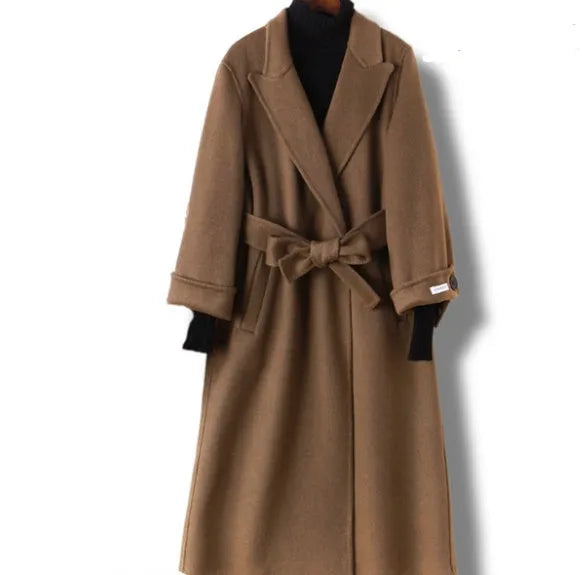 Men's tailored wool coat with long suit collar in black and caramel colour options