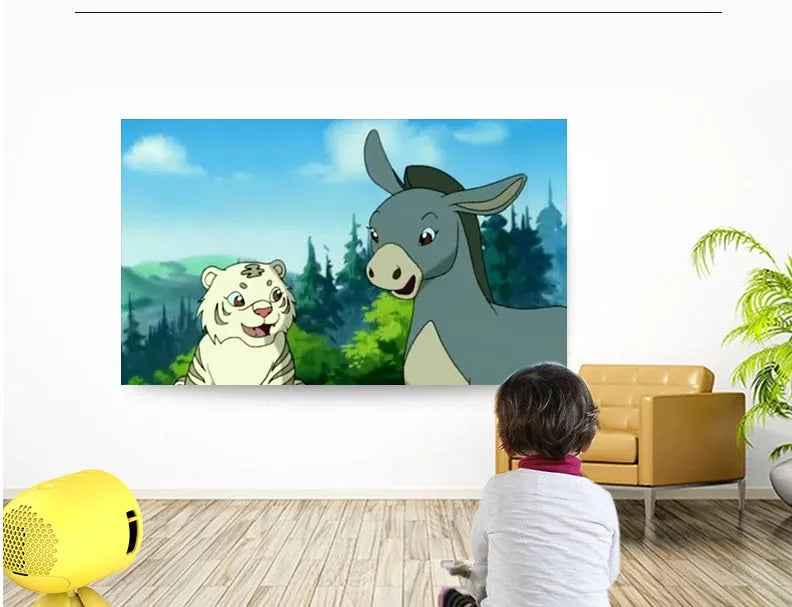 YG220 LED projector in yellow or white showing 1080P support and 24-80 inch projection capability