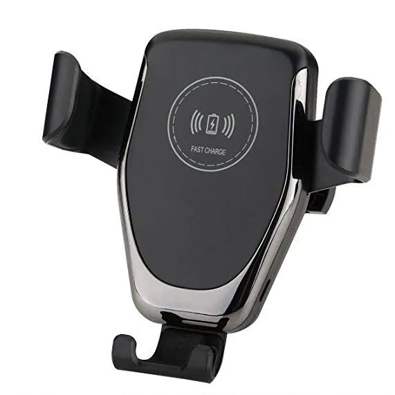 Black Qi wireless car phone mount holding an iPhone, showing automatic clamping arms and a vent clip installation.