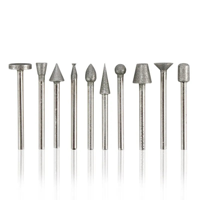 Alloy diamond grinding head set with elliptical cone shape and 3mm shank for glass, jade, and stone work.