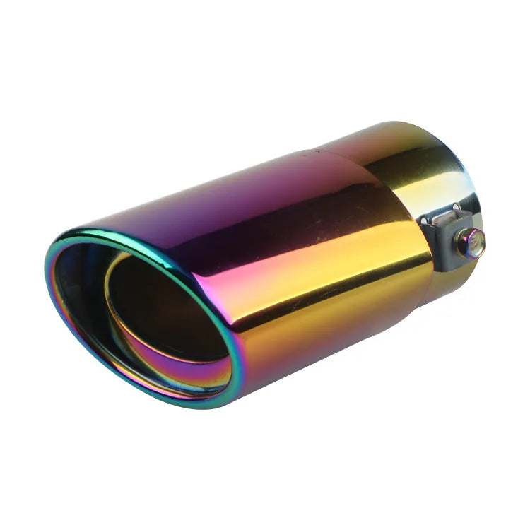Stainless steel car exhaust tail pipe tip in baked blue finish, showing straight and curved shape options.