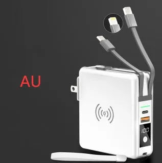 Black and white Super QI wireless charging power bank with integrated plug and international adaptors.
