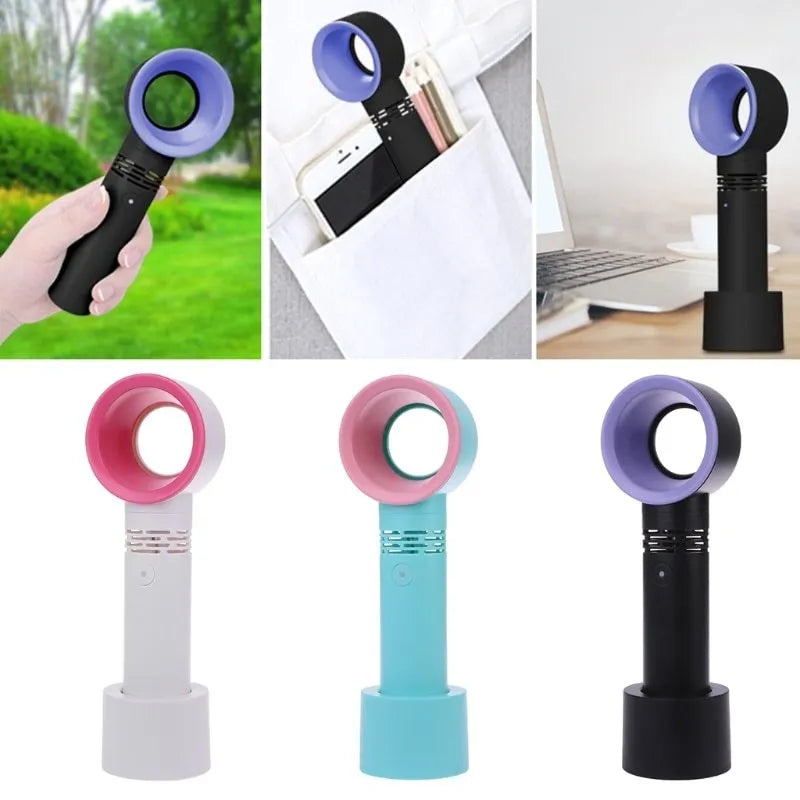 A portable bladeless desk fan with a modern design, shown on its base with a USB cable, available in multiple colours.