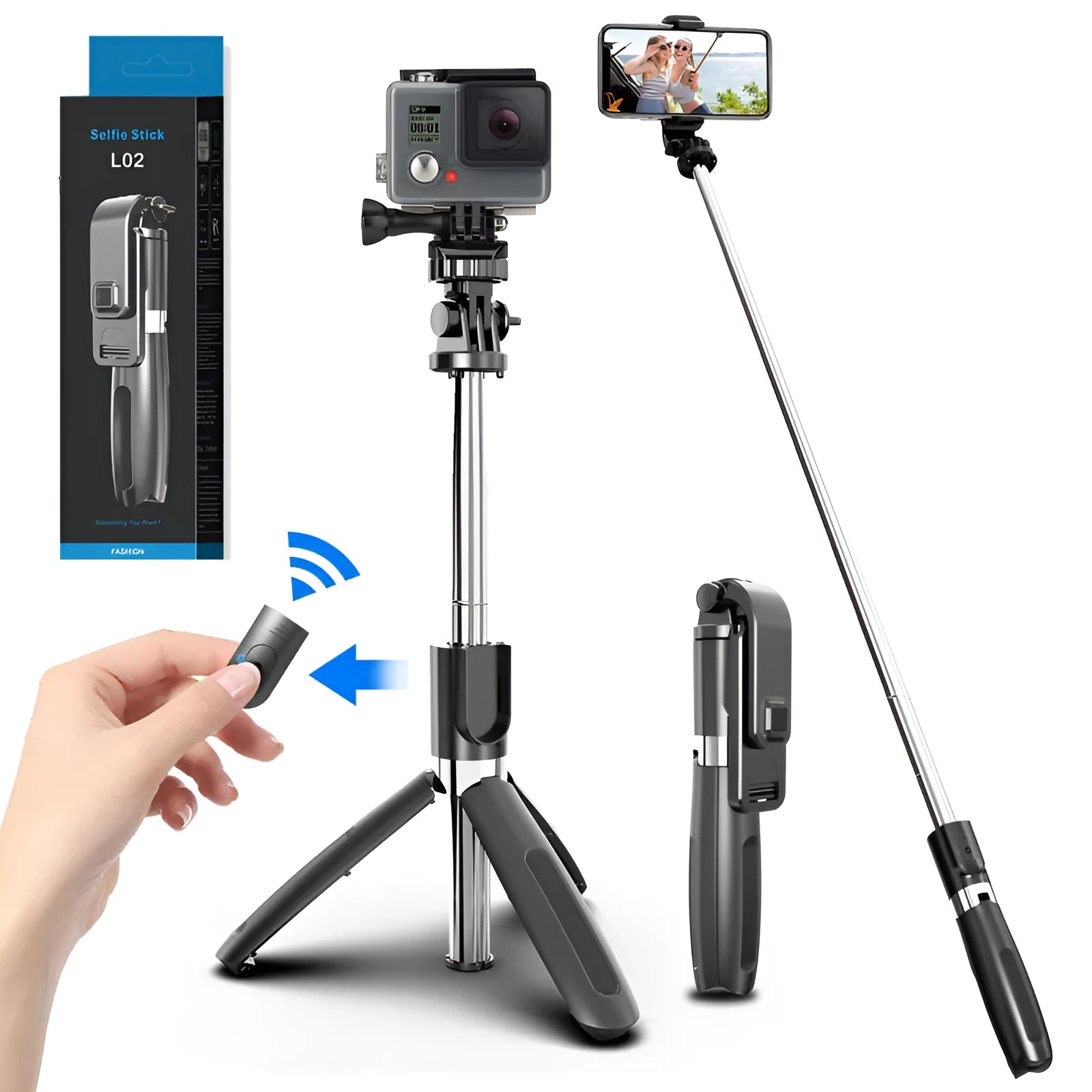 Black Bluetooth selfie stick with wireless remote extended to maximum length with smartphone attached