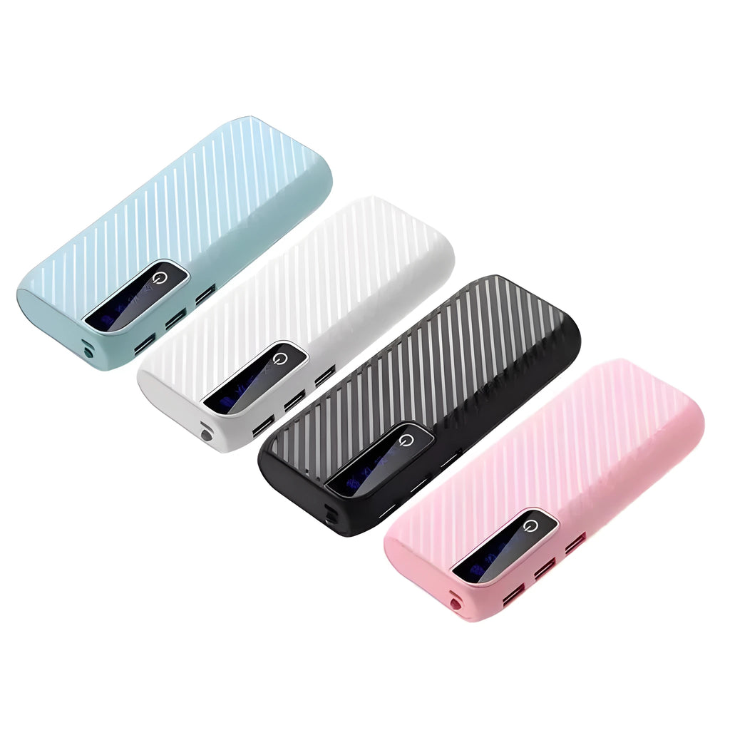 Black 20000mAh mini portable power bank showing dual USB output ports and compact size