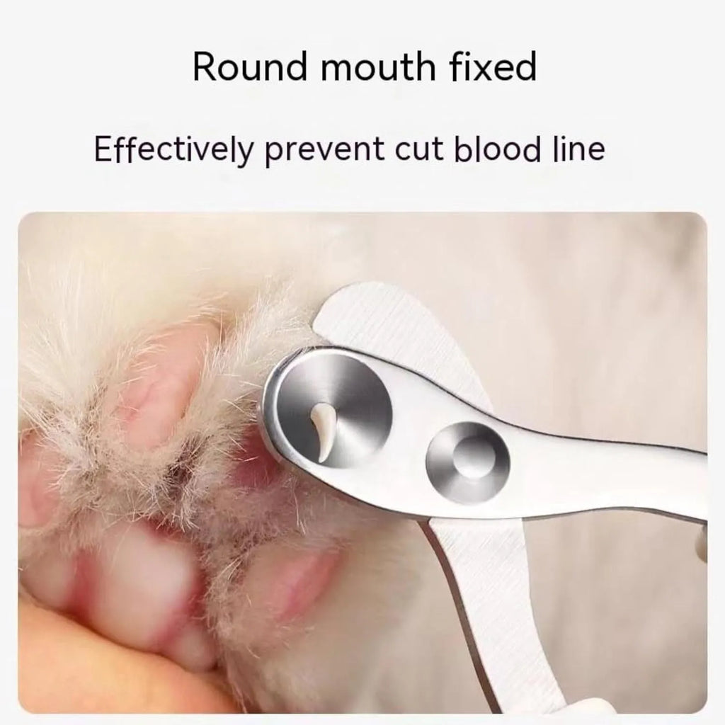 Blue pet nail clippers with circular safety hole and cushioned non-slip handle for trimming cat and bird nails.
