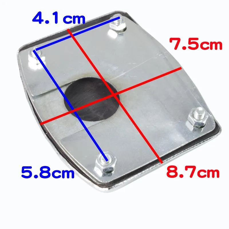 Metal motorcycle brake pedal skid plate replacement part showing three configuration options