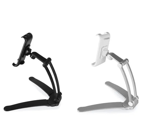 Silver aluminium alloy desktop tablet stand holding a tablet, showing 360-degree rotation adjustment.