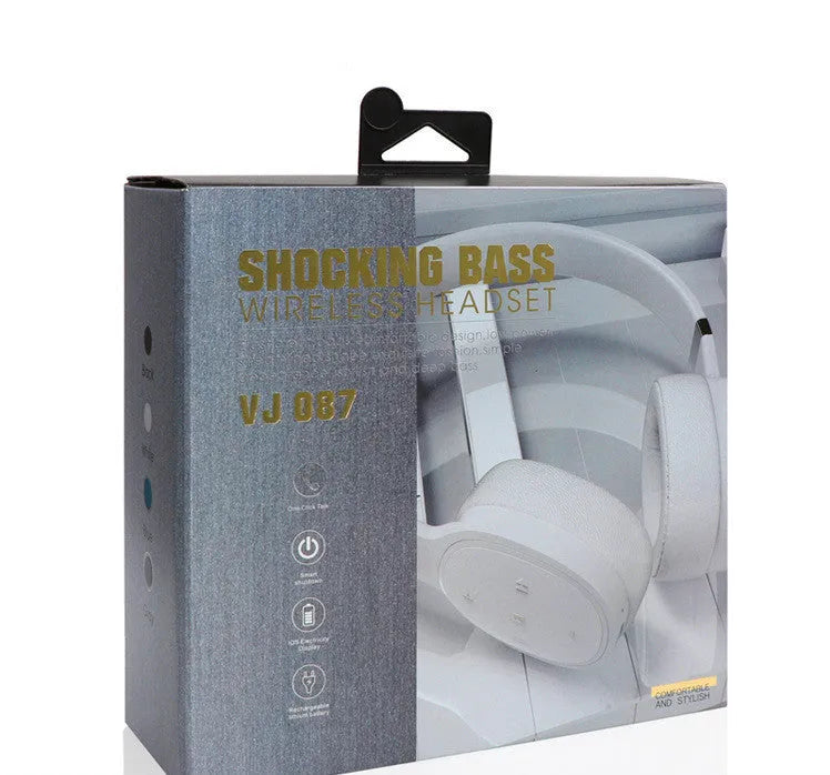 Wireless Bluetooth over-ear headset in black, shown with its packaging box.