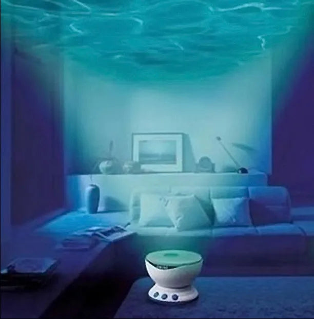 Blue LED ocean lamp projection light projecting water effects on a wall with DLP correction