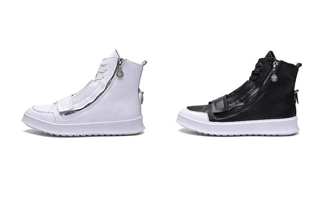 Men's black and white PU leather winter ankle boots in a high-top sneaker style.