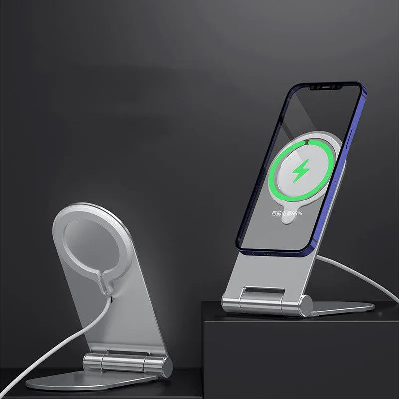 Silver vertical magnetic bracket body made of aluminium alloy and plastic for iPhone 12, measuring 105mm x 110mm
