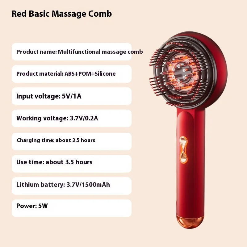 Red and blue light LED massage hair comb with plastic body and Type-C charging port