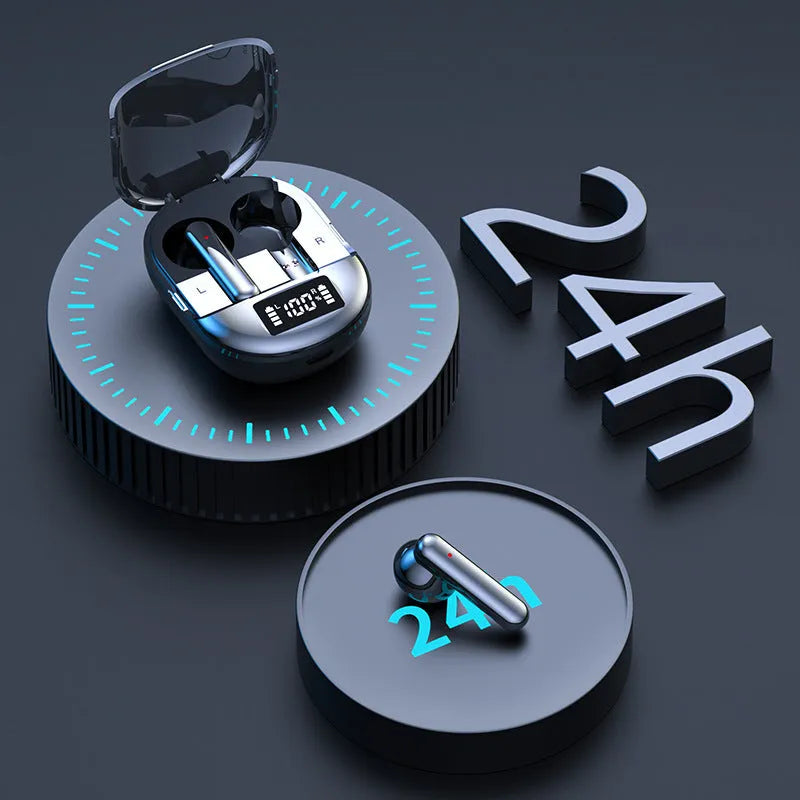 Black and white wireless Bluetooth in-ear headset with digital display screen and charging bin