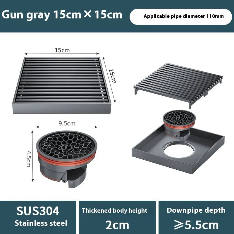 304 stainless steel courtyard deodorant floor drain with gun grey finish, 15x15cm dimensions