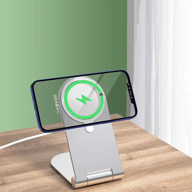Silver vertical magnetic bracket body made of aluminium alloy and plastic for iPhone 12, measuring 105mm x 110mm