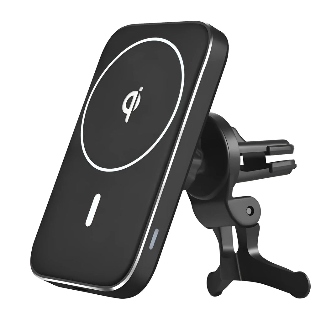 Black M6 magnetic wireless car charger mounted on a car air vent