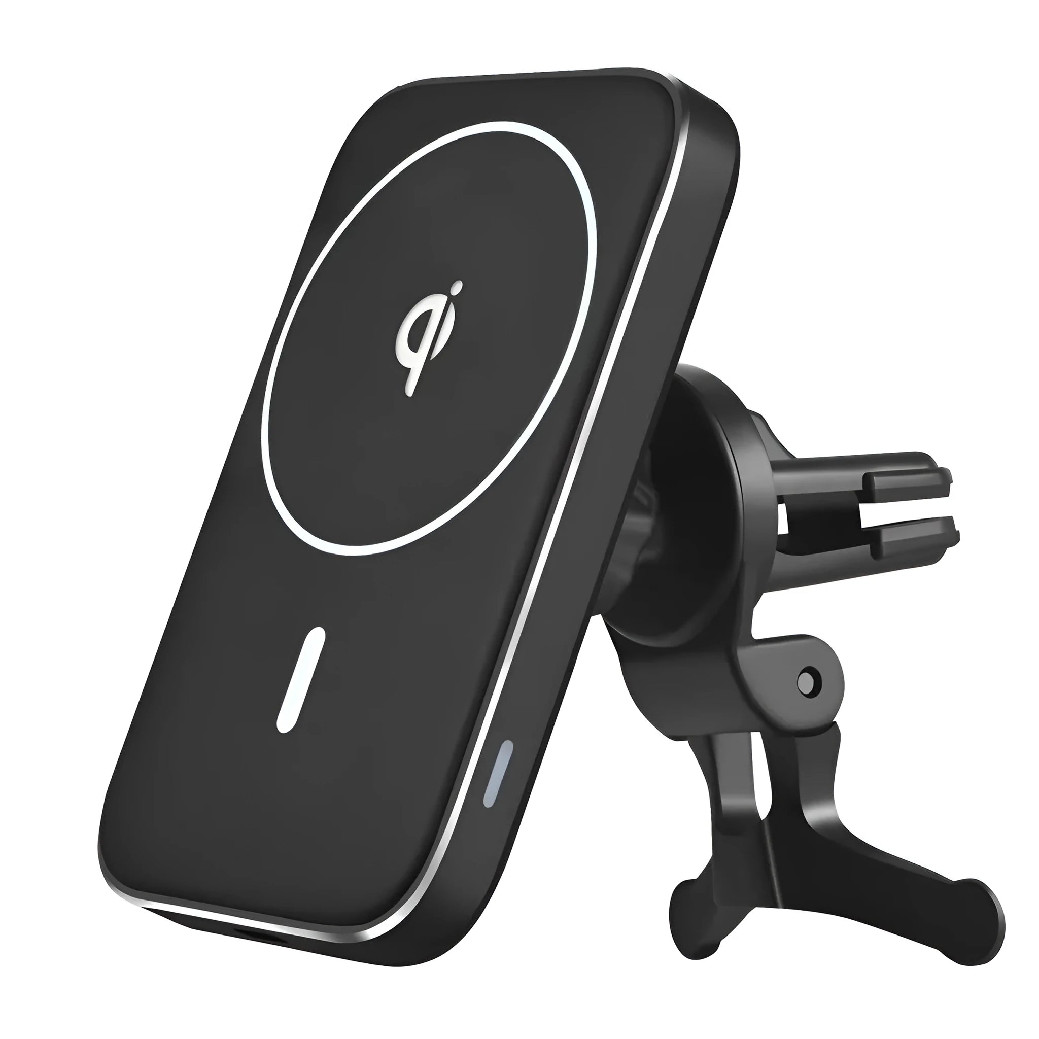 Black M6 magnetic wireless car charger mounted on a car air vent