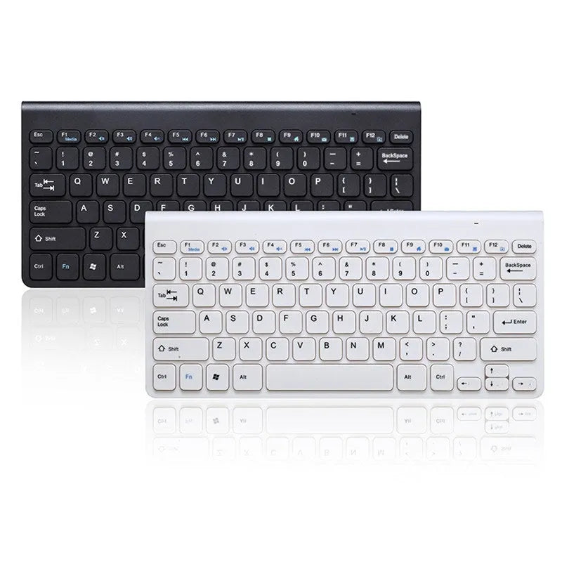 Black and white wireless keyboard and mouse set with 78-key compact layout and 4-button mouse