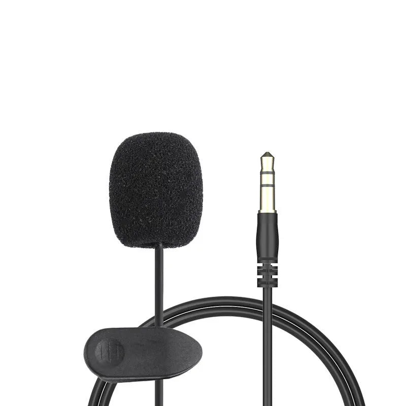 Black wired lavalier clip microphone with 3.5mm plug and 1.5m cable for iPhone recording.