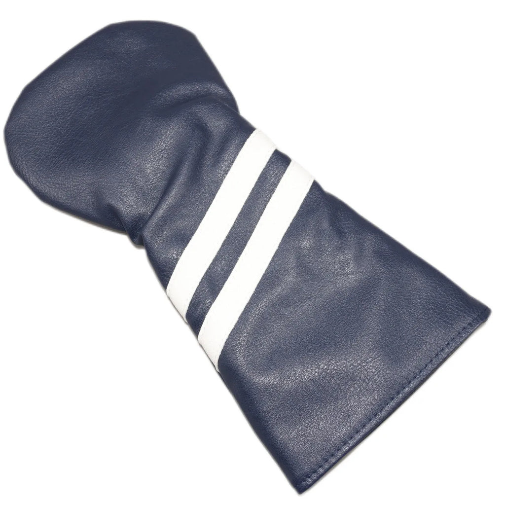 A striped golf club head cover for a driver, shown in black with white oblique stripes.