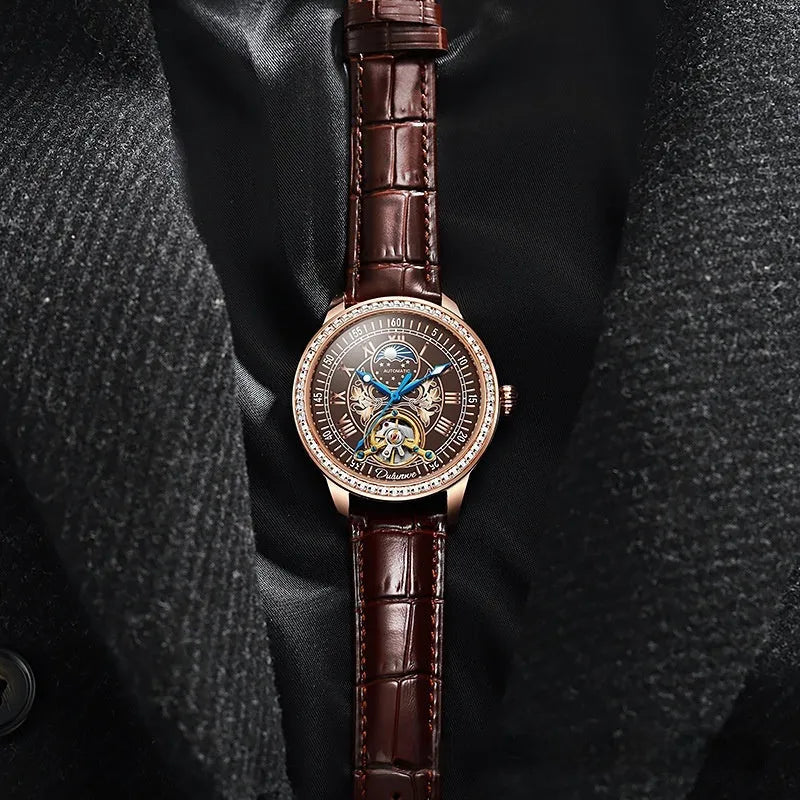 Men's waterproof mechanical watch with stainless steel strap and transparent case back showing movement