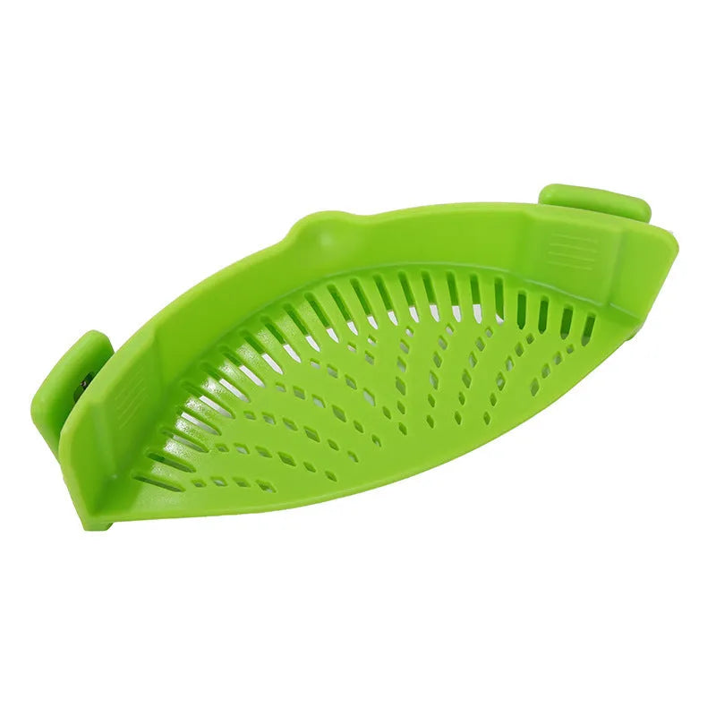 Silicone clip-on kitchen funnel with stainless steel buckle for pot draining and rice washing