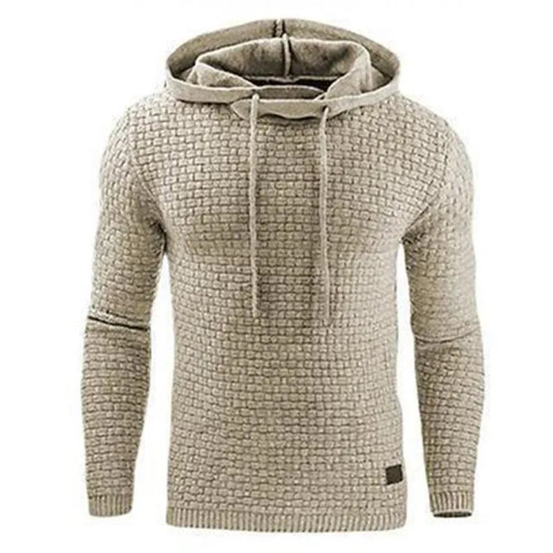 Men's black cotton-polyester blend hooded sweatshirt laid flat, showing front design and hood.