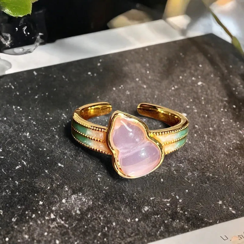 Adjustable copper gourd ring with flower and bow design in New Chinese style featuring inlaid zircon stones