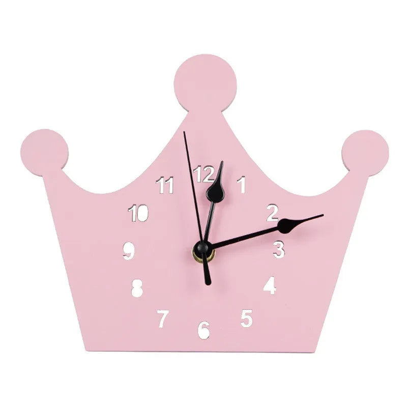 Wooden cartoon wall clock in European alien shape with character designs like rabbit crown and cloud in various colours