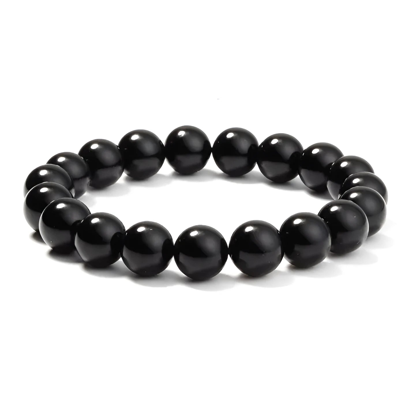 Close-up of a women's black onyx agate bracelet with 8mm geometric beads on a black elastic cord.