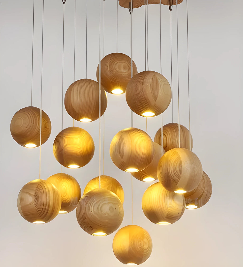 Nordic style solid wood ball chandelier pendant light with adjustable hanging cord.