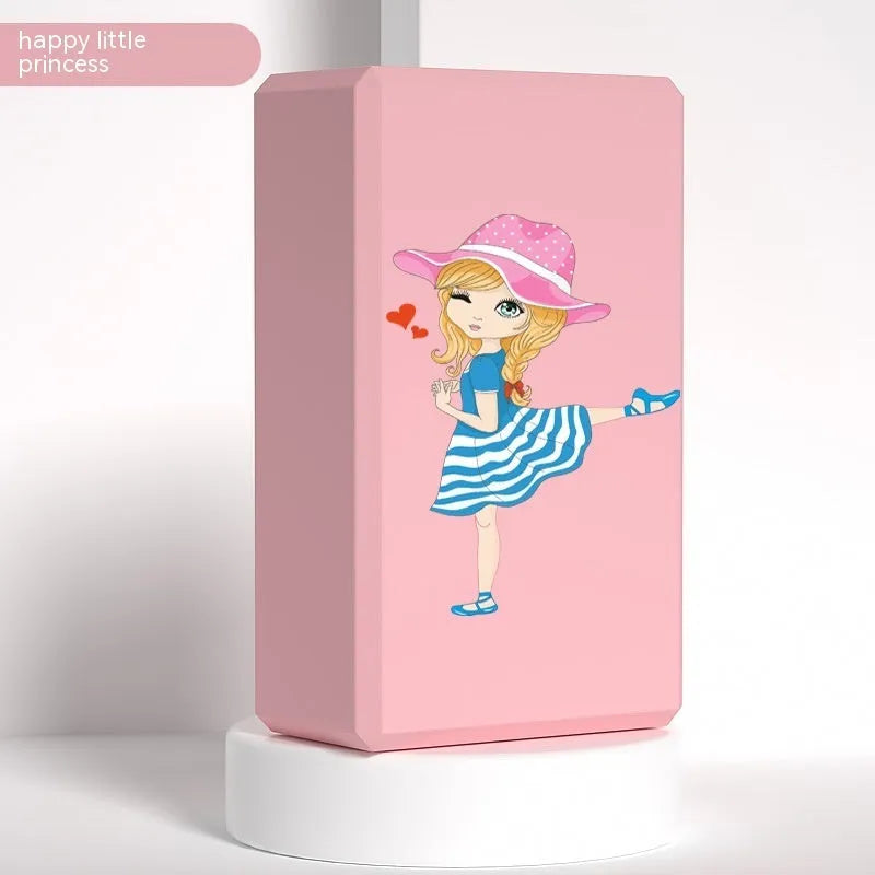 High-density EVA yoga block in violet colour next to a pink block with a cartoon print design.