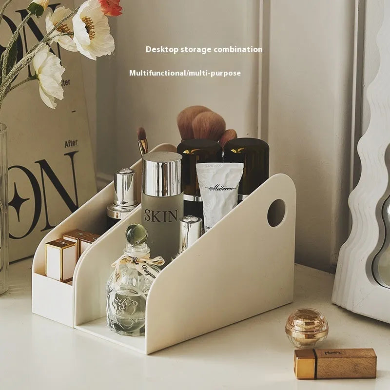 Plastic desktop storage box organiser with two grid compartments in ivory white colour