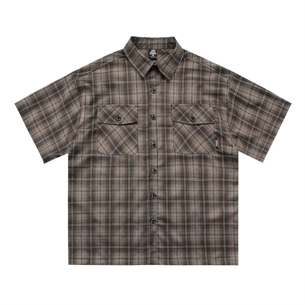 Men's black plaid shirt with embroidered letter design on chest, short sleeves, and lapel collar