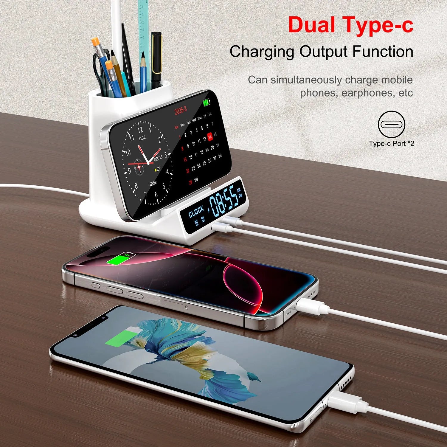 Modern desk lamp with wireless charging pad, pen holder, and LED clock display