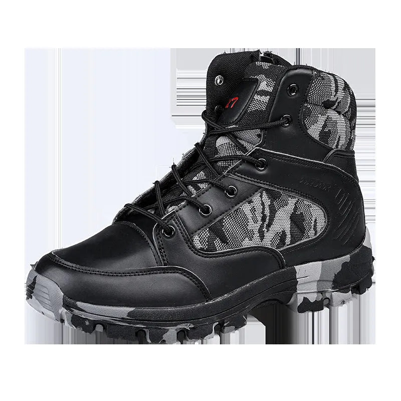 Men's black high-top hiking shoes with artificial PU upper and metal detail.