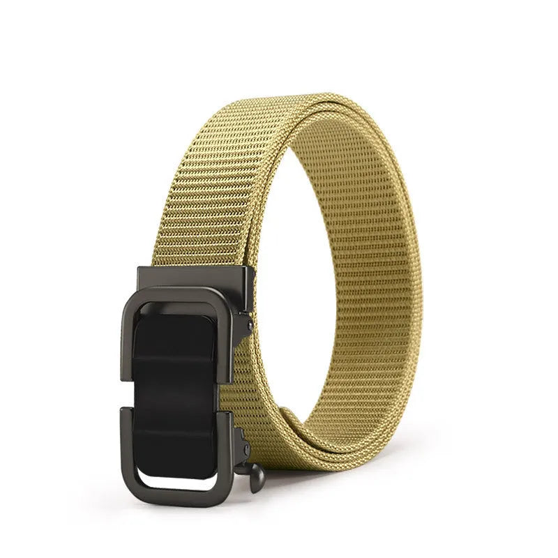 Men's navy blue nylon canvas belt with a silver alloy toothless buckle on a 120cm strap.